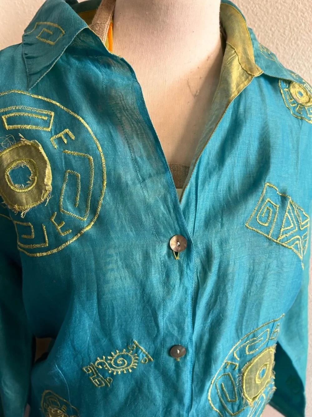 Chico's Turquoise & Lime Embroidered Button-Front Blouse - Picture 2 of 4